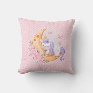 Baby Unicorn Over The Moon with Flowers  Throw Pillow