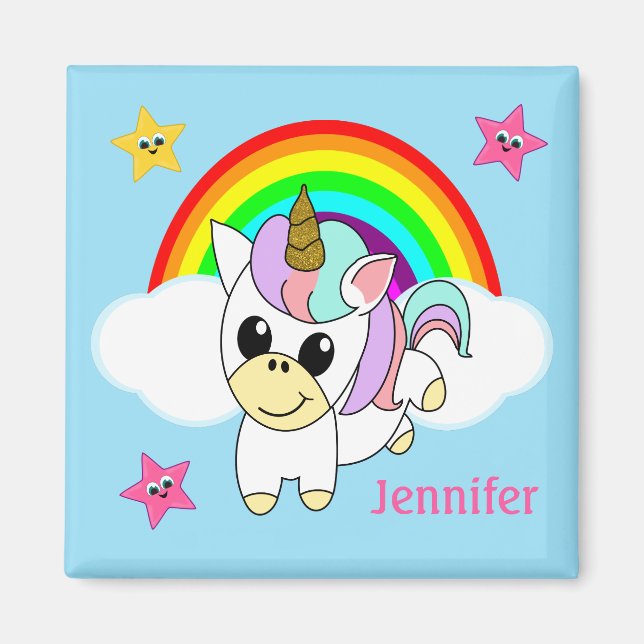 Baby Unicorn Rainbow and Clouds Personalized Magnet (Front)