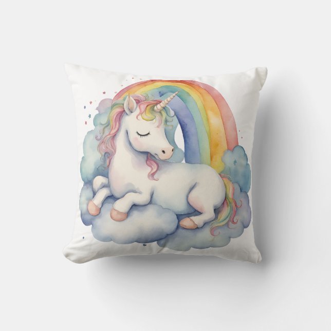 Baby Unicorn Rainbow Cloud Throw Pillow (Front)