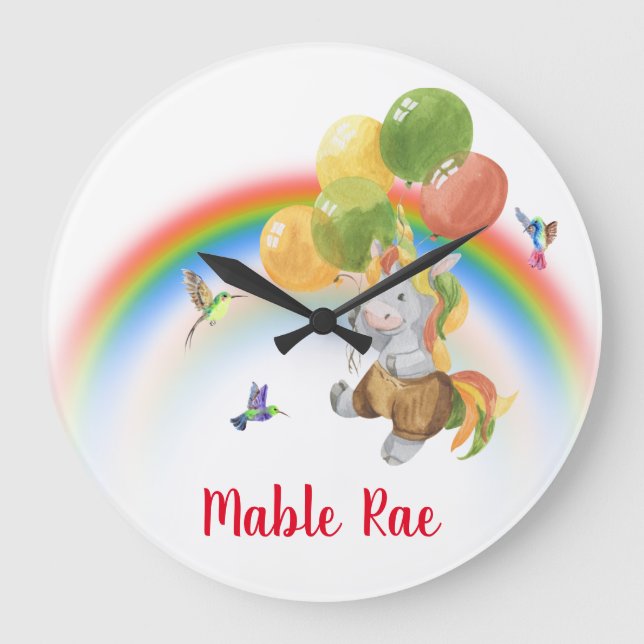 Baby Unicorn with Balloon Rainbow Name   Large Clock (Front)