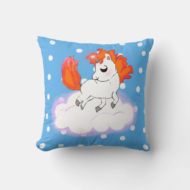 Baby Unicorn with Orange Hair on White Cloud Throw Pillow (Front)