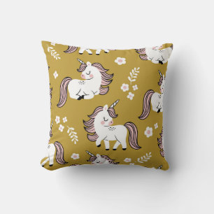 Baby unicorns, flowers, yellow vintage pattern. throw pillow