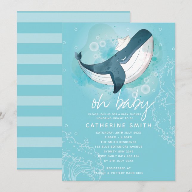 Baby Whale Boy Baby Shower Invitation (Front/Back)