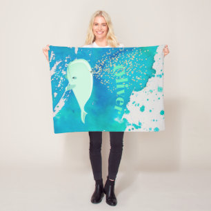 Baby Whale  Gold Sparkle Blue Nautical Personal Fleece Blanket