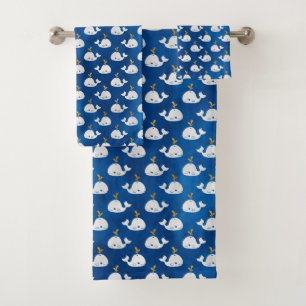 Baby Whales Blue and White Kid's Pattern Bath Towel Set