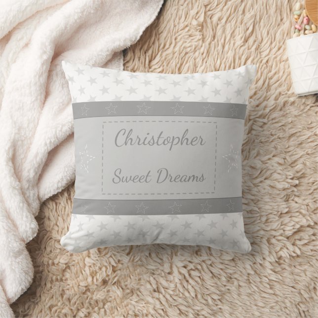 Baby white and grey with stars and a name throw pillow (Blanket)