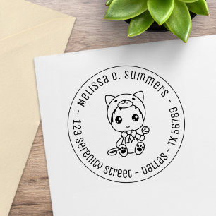 Baby White Cat Jumpsuit Round Address Rubber Stamp