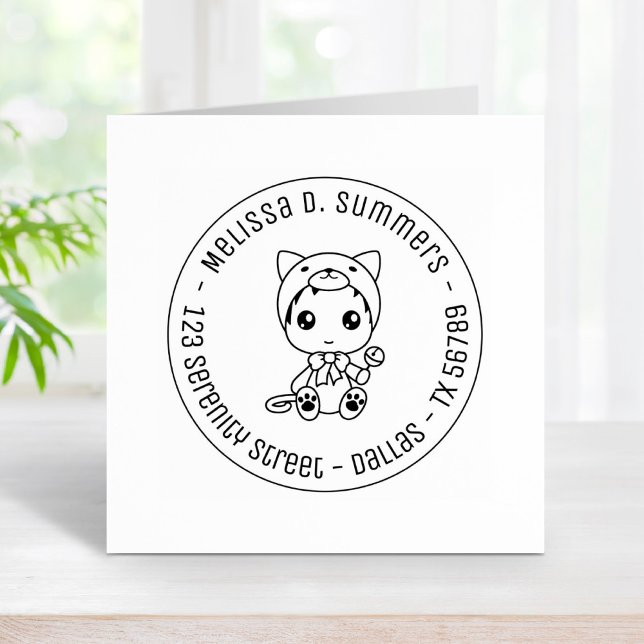 Baby White Cat Jumpsuit Round Address Rubber Stamp (Creator Uploaded)