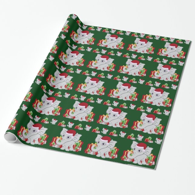 Baby White Elephant In Santa Hat With Presents Wrapping Paper (Unrolled)