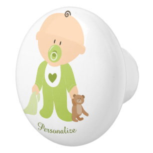 Baby with Teddy Bear & Blanket Personalize Dresser Ceramic Knob