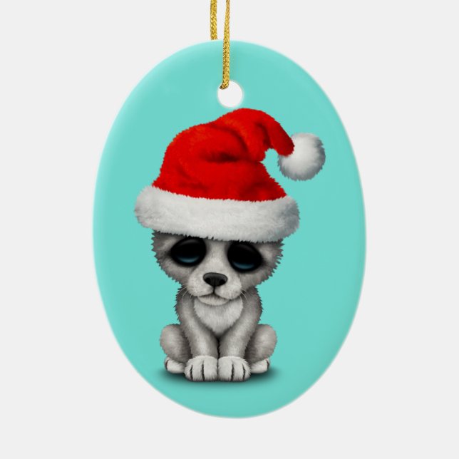 Baby Wolf Cub Wearing a Santa Hat Ceramic Ornament (Back)