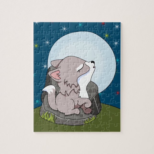 Baby Wolf Howling At A Moon Jigsaw Puzzle (Vertical)