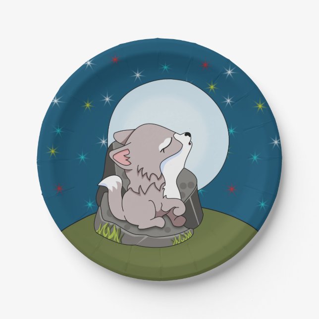 Baby Wolf Howling At A Moon Paper Plate (Front)
