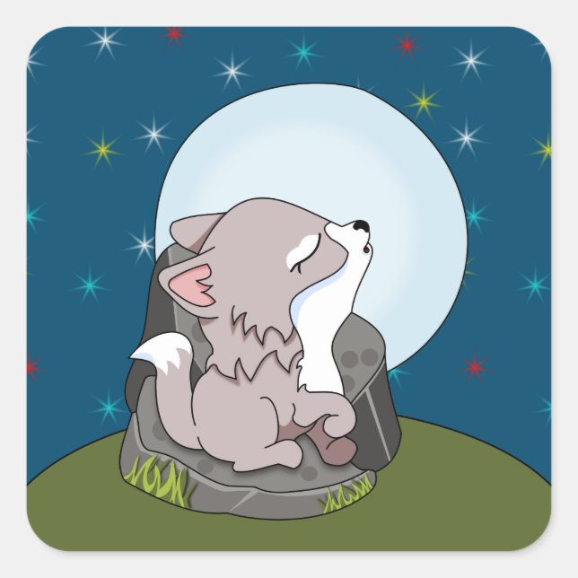 Baby Wolf Howling At A Moon Square Sticker (Front)