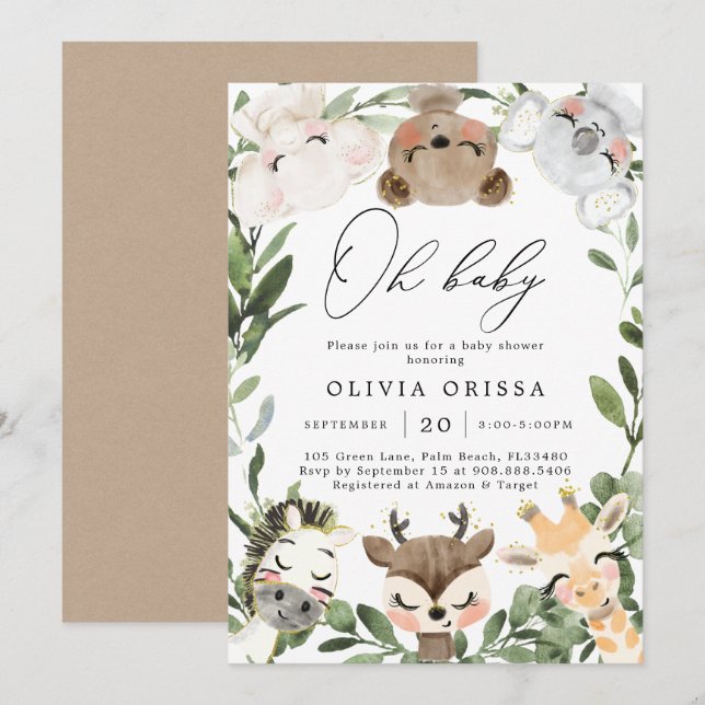 Baby Woodland Animaux Baby shower Invitation (Devant / Derrière)