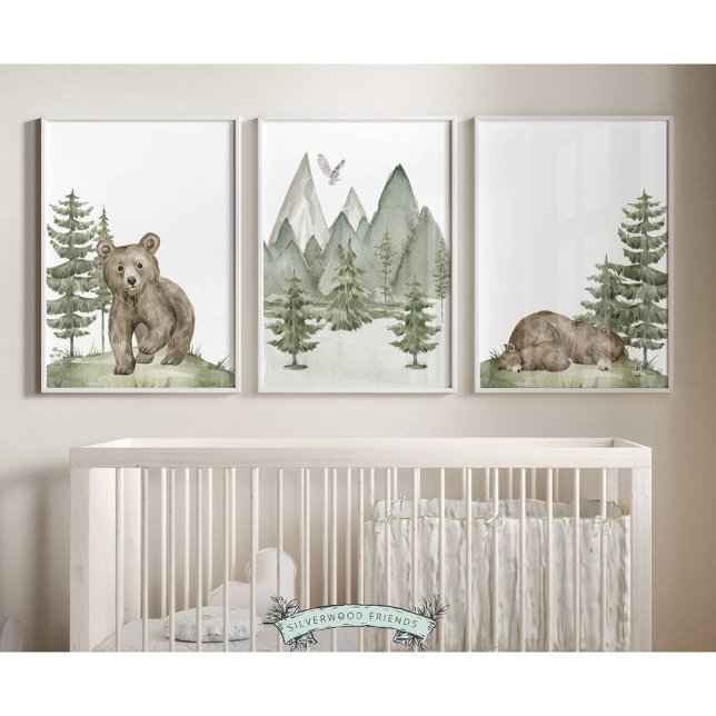 Baby Woodland Bear Nursery Prints - Set of 3 (Set of 3 Baby Bear Forest Nursery Prints are the perfect addition to your babys woodland nursery)