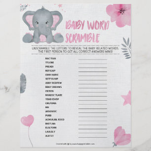 Baby Word Scramble [Baby Elephant [Pink]] Letterhead