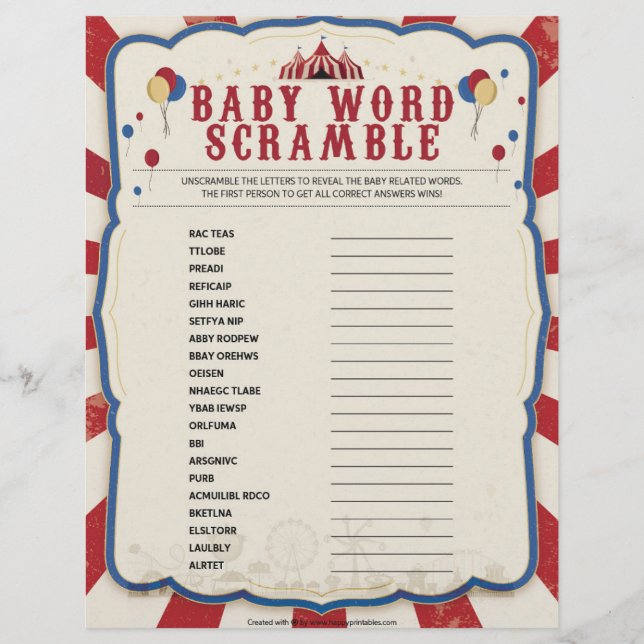 Baby Word Scramble [Circus Theme] Letterhead (Front)