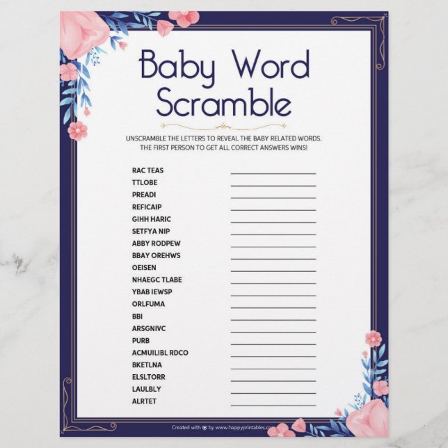 Baby Word Scramble [Floral Frame] Letterhead (Front)