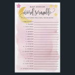Baby Word Scramble Pink Over Moon Paper Game Card<br><div class="desc">Have some fun at your shower with this easy activity! Add your personalized text using the template form. Use the value paper to make it easier to write on (and save money too!). Answers are on the back.</div>