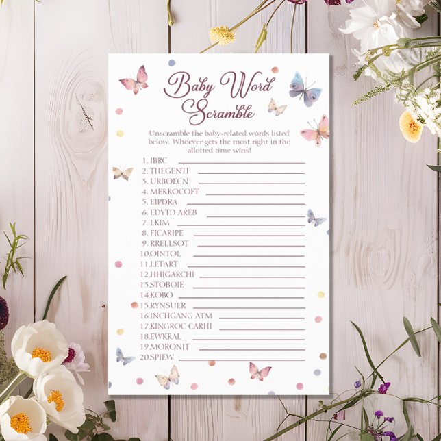 Baby Word Scramble Watercolor Butterfly Shower Flyer (Creator Uploaded)