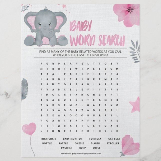 Baby Word Search [Baby Elephant [Pink]] Letterhead (Front)