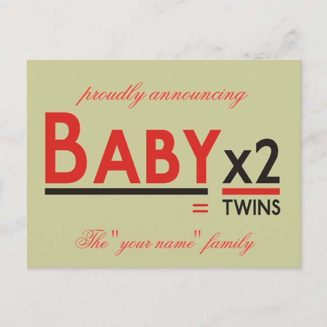 Baby x 2, proudly announcing, The "your name" f... Announcement Postcard (Front)