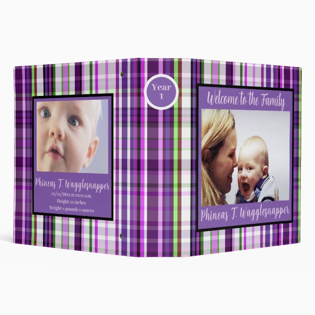 Baby Year One Purple Lilac Plaid Customized Photo Binder (Background)