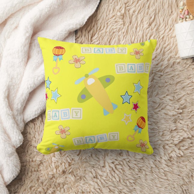 Baby Yellow Airplane Floral Throw Pillow  (Blanket)