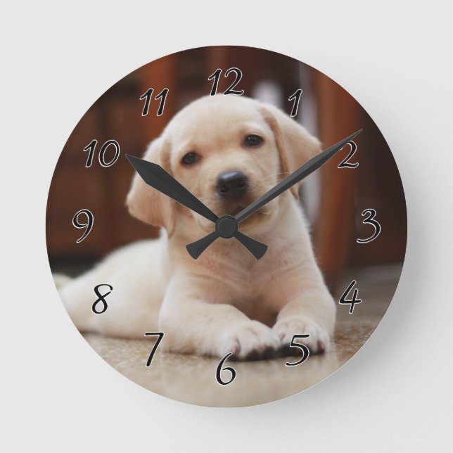 Baby Yellow Labrador Puppy Dog laying on Belly Round Clock (Front)
