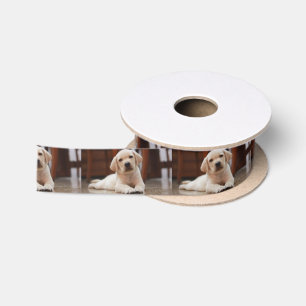 Baby Yellow Labrador Puppy Dog laying on Belly Satin Ribbon