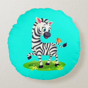 Baby Zebra Drawing Playing with Butterfly Round Pillow