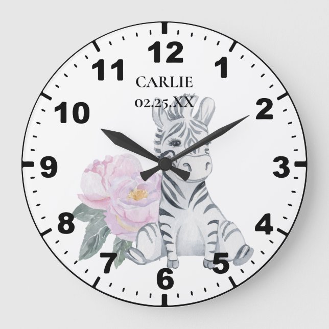 Baby Zebra Pink Flowers Baby Girl Large Clock (Front)