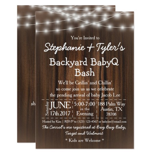 BabyQ Backyard Bash Lights Wood Rustic Baby Shower Card
