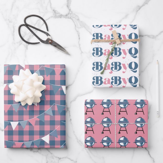 BabyQ Gender Reveal Pink & Blue Wrapping Paper Sheet (Front)