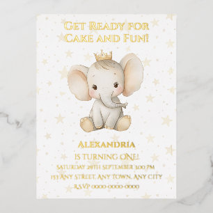 Baby's 1st birthday personalized princess elephant foil invitation postcard
