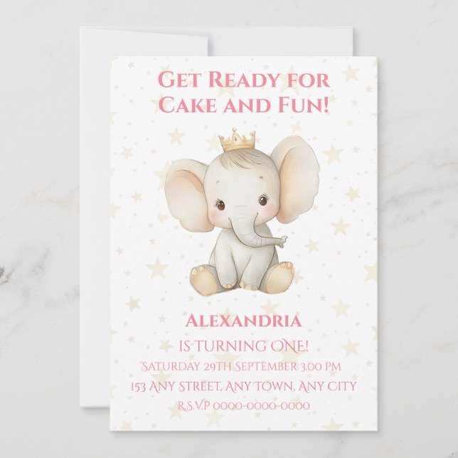 Baby's 1st birthday personalized princess elephant invitation (Front)