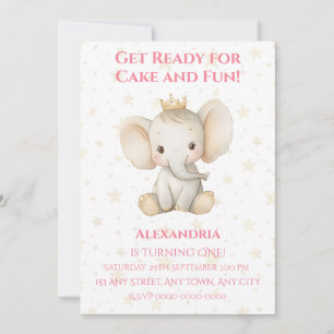 Baby's 1st birthday personalized princess elephant invitation