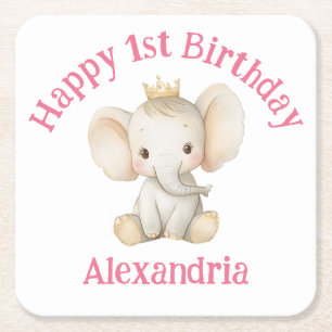 Baby's 1st birthday personalized princess elephant square paper coaster