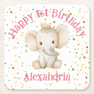 Baby's 1st birthday personalized princess elephant square paper coaster