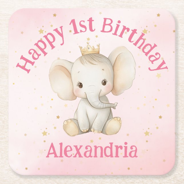Baby's 1st birthday personalized princess elephant square paper coaster (Front)