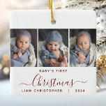Baby's 1st Christmas 3 Photo Burgundy Red Script Ceramic Ornament<br><div class="desc">Help them commemorate their grandchild's first Christmas with this beautiful modern keepsake ornament. The burgundy red text reads "Baby's first Christmas, " with the word "Christmas" in elegant handwriting script with flourishes before and after. Replace the three sample images with your favourite vertical photos, and add baby's name and the...</div>