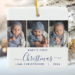 Baby's 1st Christmas 3 Photo Navy Blue Script Ceramic Ornament<br><div class="desc">Help them commemorate their grandchild's first Christmas with this beautiful modern keepsake ornament. The navy blue text reads "Baby's first Christmas, " with the word "Christmas" in elegant handwriting script with flourishes before and after. Replace the three sample images with your favourite vertical photos, and add baby's name and the...</div>