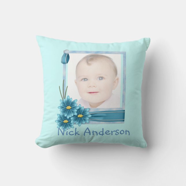 Babys 1st Christmas Blue Daisy Baby Photo Throw Pillow (Front)