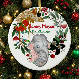 Babys 1st Christmas Botanical Green Wreath Floral Ceramic Ornament