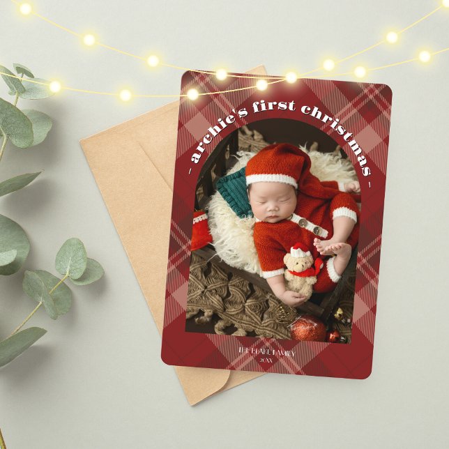 Baby's 1st Christmas Card | Red Plaid Single-Photo (Creator Uploaded)