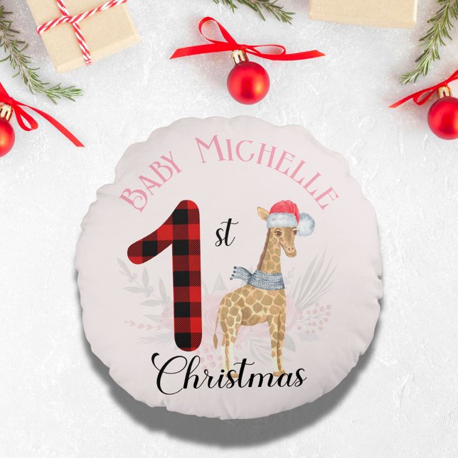Baby's 1st Christmas Cute Giraffe Santa Hat Name Round Pillow (Creator Uploaded)