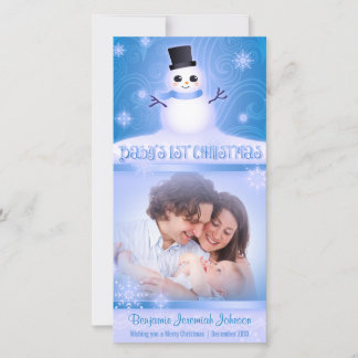 Baby's 1st Christmas Cute Snowman Blue Holiday Card