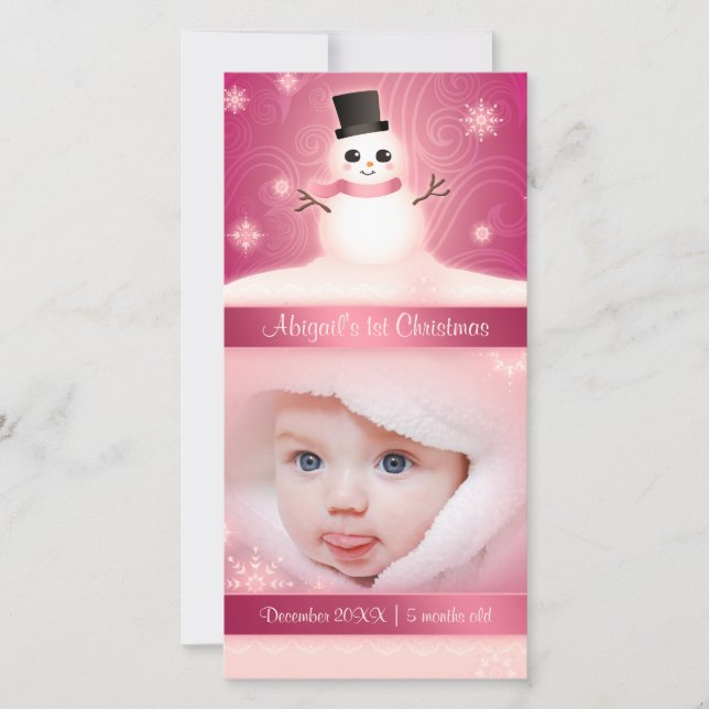 Baby's 1st Christmas Cute Snowman Pink Holiday Card (Front)