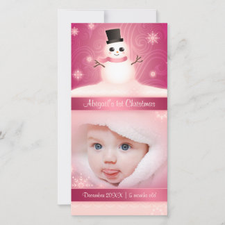Baby's 1st Christmas Cute Snowman Pink Holiday Card